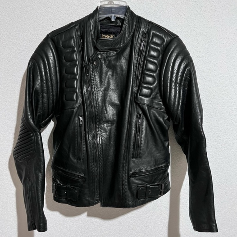 Protech Black Leather Moto Biker Jacket Padded Vented Removeable Insulation 42